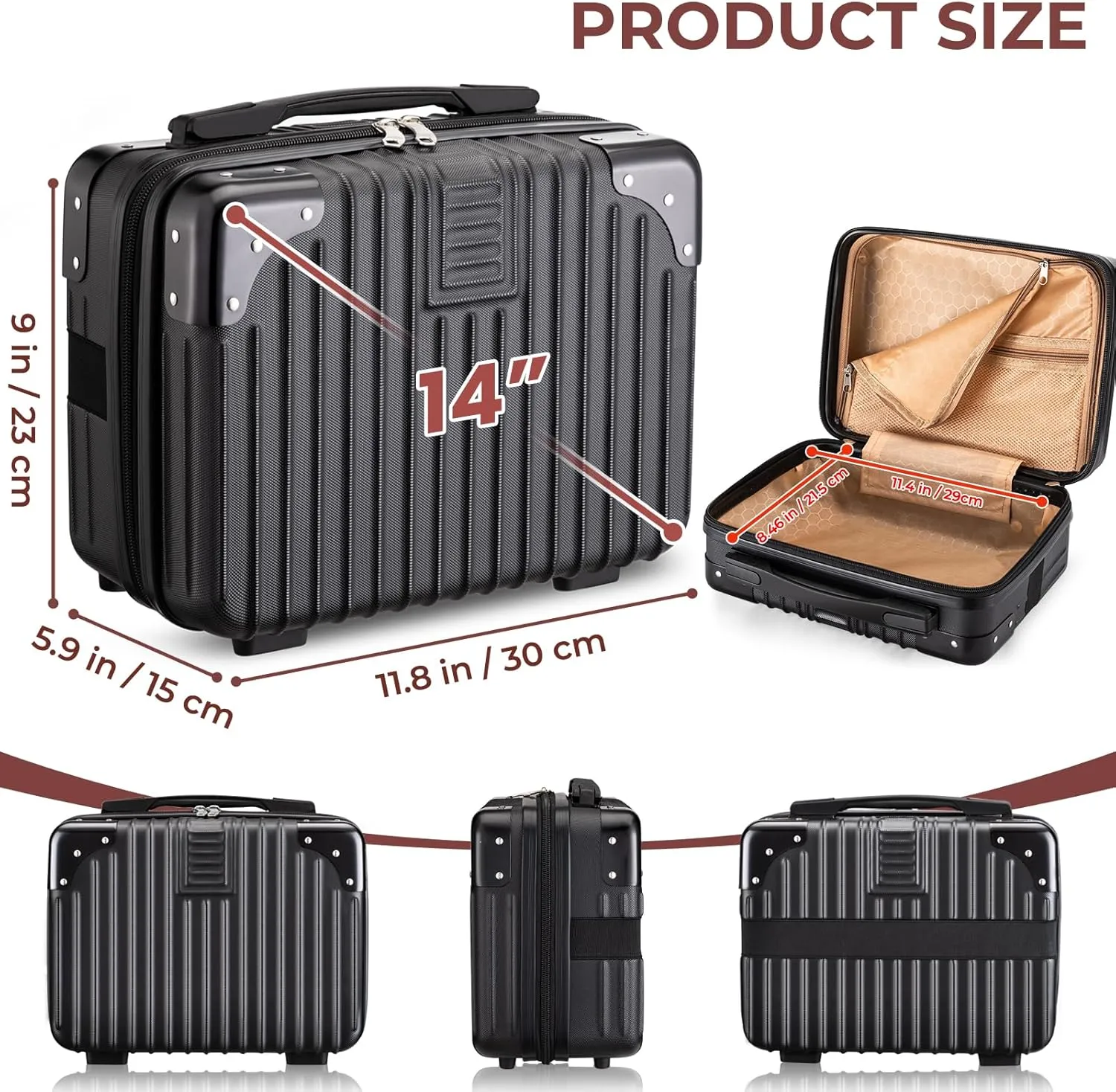 Noverlife 14 Inch Portable Hard Shell Cosmetic Travel Case, Mini Travel Hand Luggage with Elastic Band Travel Makeup Case, Small Makeup Carrying Suitcase for Train Cosmetic Bag Travel Camping - Black
