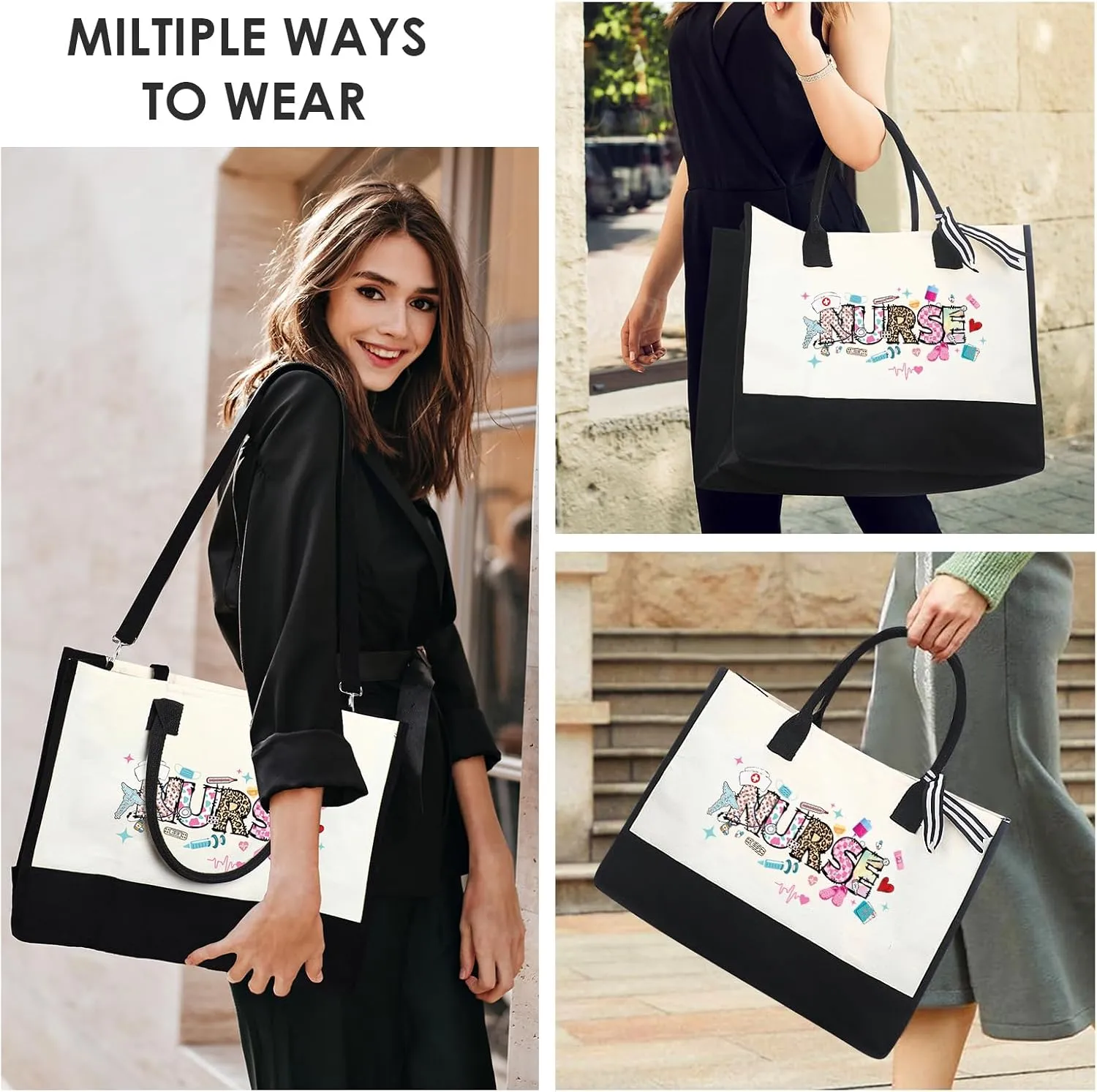 Nurse Canvas Tote Bag - Large Tote Bag Gift 2 Pack Appreciation Gifts for Graduation Beach Retirement Nurse Friend Sister Hand Zipper Canva Bag with Makeup Bag Set