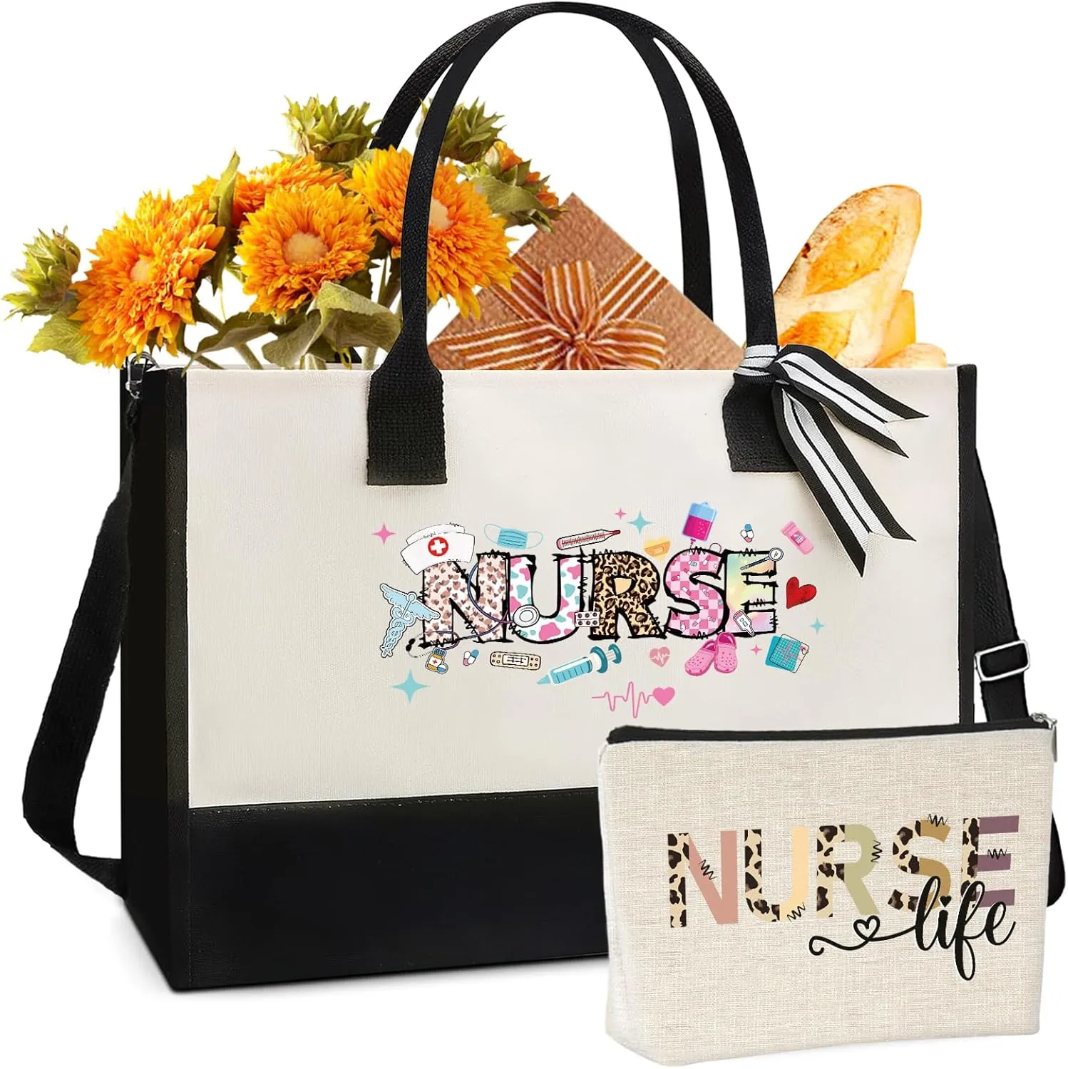 Nurse Canvas Tote Bag - Large Tote Bag Gift 2 Pack Appreciation Gifts for Graduation Beach Retirement Nurse Friend Sister Hand Zipper Canva Bag with Makeup Bag Set