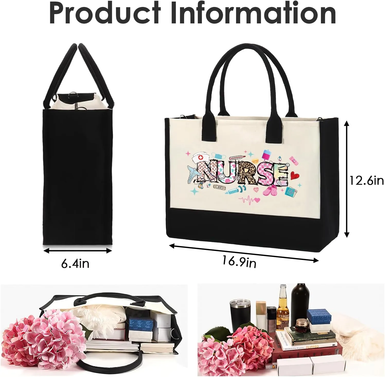 Nurse Canvas Tote Bag - Large Tote Bag Gift 2 Pack Appreciation Gifts for Graduation Beach Retirement Nurse Friend Sister Hand Zipper Canva Bag with Makeup Bag Set