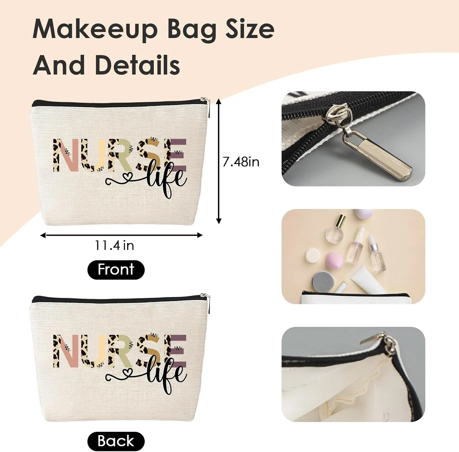 Nurse Canvas Tote Bag - Large Tote Bag Gift 2 Pack Appreciation Gifts for Graduation Beach Retirement Nurse Friend Sister Hand Zipper Canva Bag with Makeup Bag Set