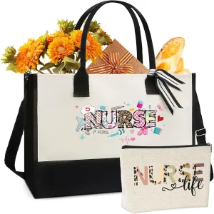 Nurse Canvas Tote Bag - Large Tote Bag Gift 2 Pack Appreciation Gifts for Graduation Beach Retirement Nurse Friend Sister Hand Zipper Canva Bag with Makeup Bag Set