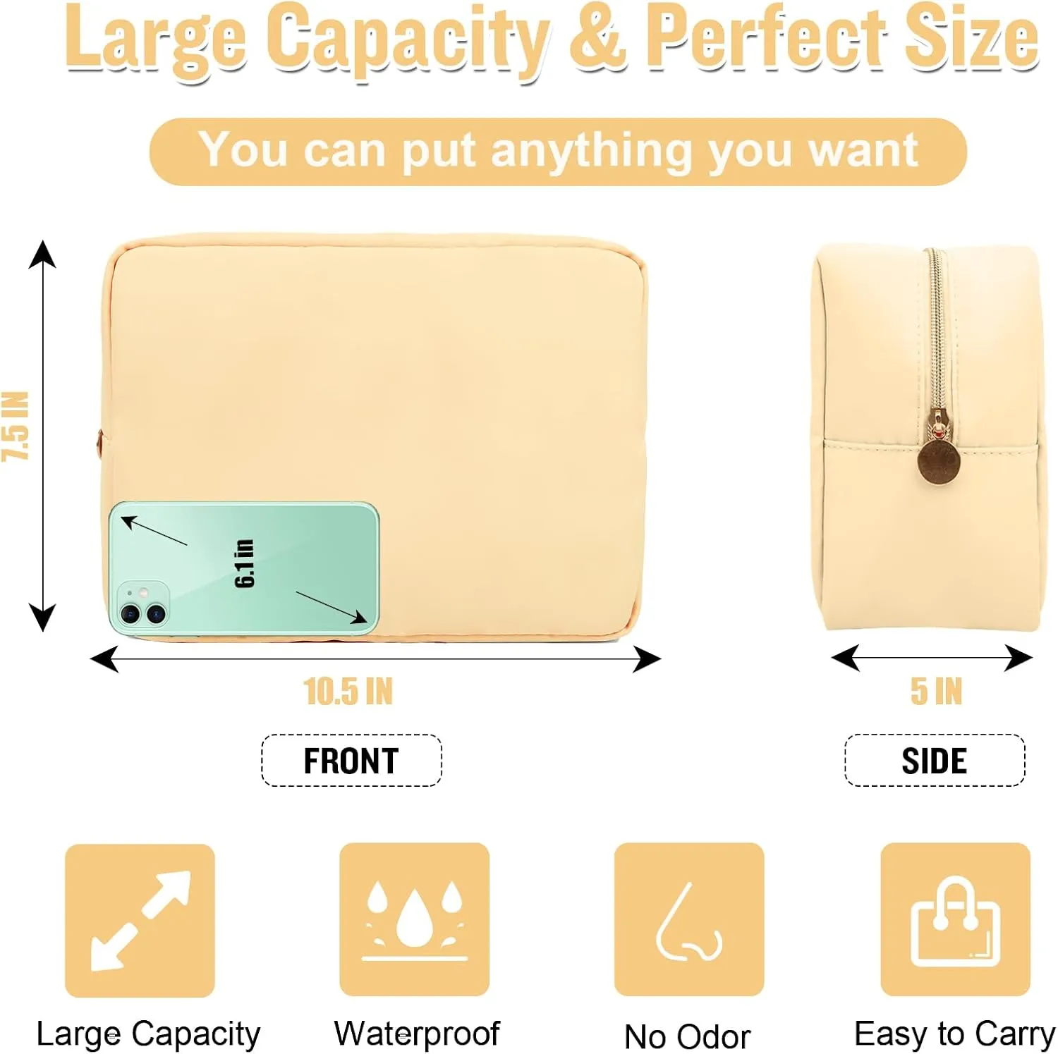 Nylon Large Makeup Bag Travel Pouch for Women, Preppy Big Makeup Bag Cute Cosmetic Zipper Pouch Purse, DIY Chenille Letter Bag Waterproof Toiletry Bag Clutch Makeup Organizer for Girls (Beige)
