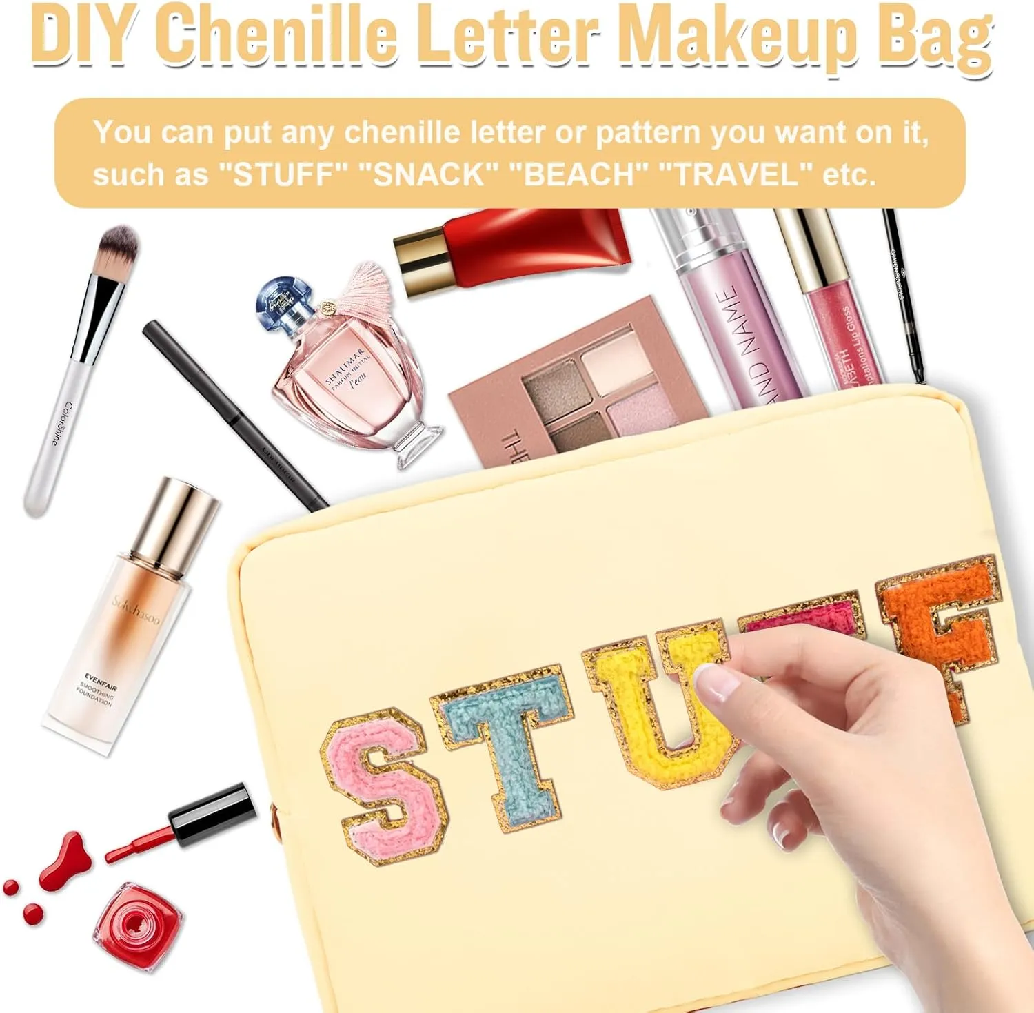 Nylon Large Makeup Bag Travel Pouch for Women, Preppy Big Makeup Bag Cute Cosmetic Zipper Pouch Purse, DIY Chenille Letter Bag Waterproof Toiletry Bag Clutch Makeup Organizer for Girls (Beige)