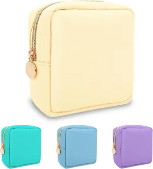 Nylon Mini Makeup Bag for Purse, Preppy Small Cute Makeup Bag Cosmetic Zipper Pouch Purse, Waterproof Travel Coin Pouch Sanitary Napkin Storage Bag Clutch Makeup Organizer for Women Men Girls(Beige)