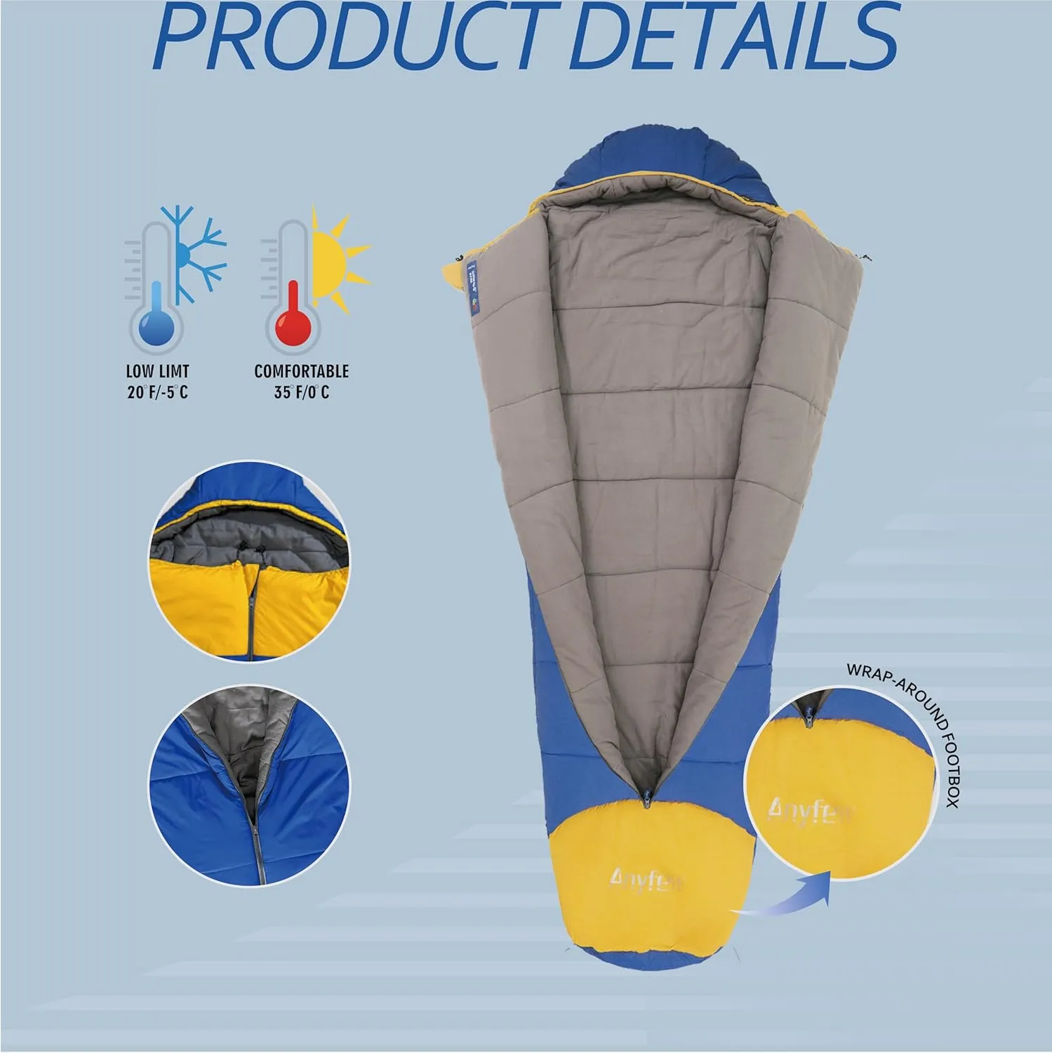 Nylon Sleeping Bag,Blue & Yellow,Flannel Cotton,Portable Tightening Bag Lightweight,Cold Weather Sleeping Bag Waterproof-Warm Camping Hiking Outdoor Travel Hunting
