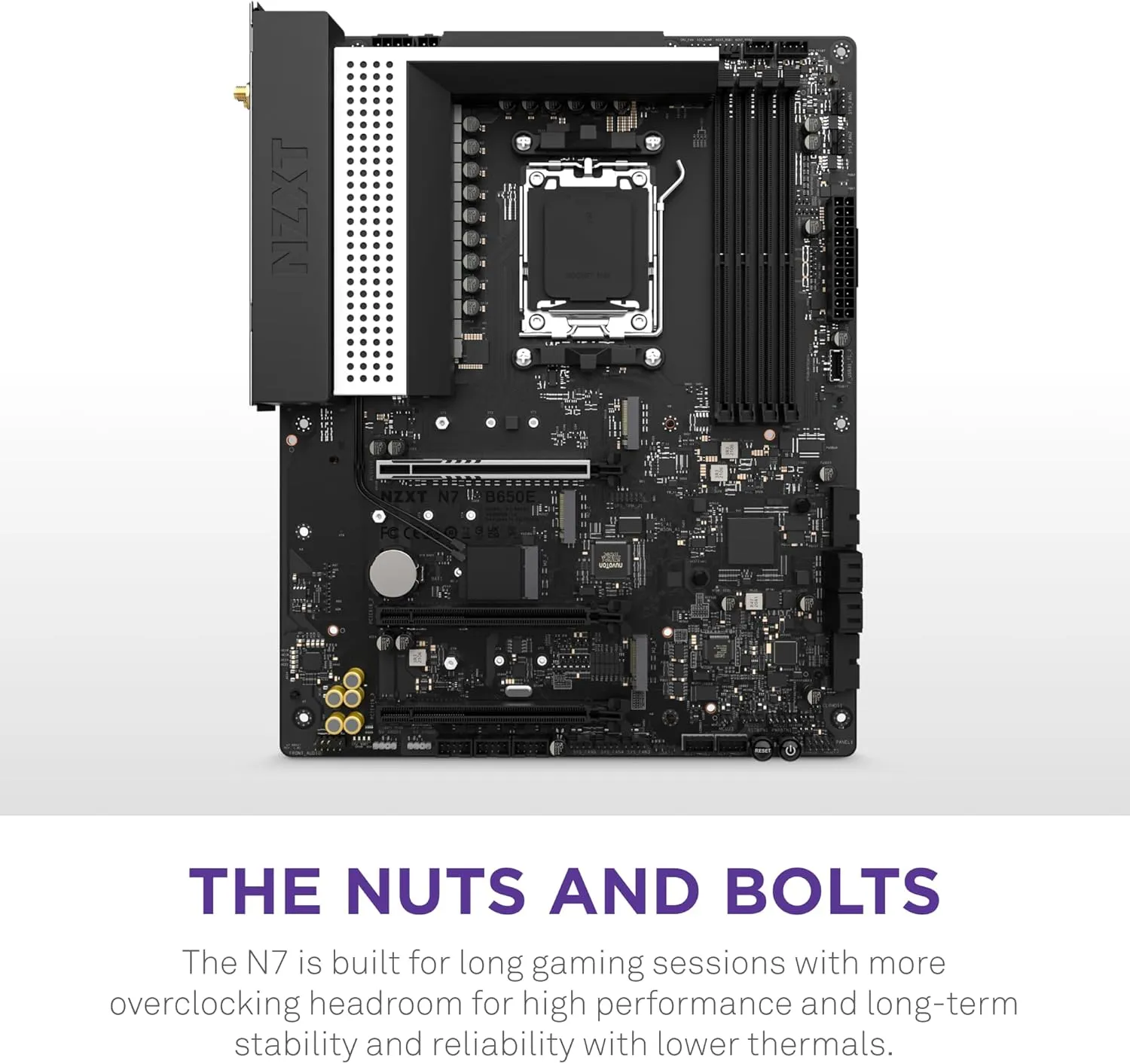 NZXT N7 B650E - AMD B650 Chipset - Supports AMD Ryzen 9000 8000 & 7000 Series CPUs (Socket AM5) - ATX Gaming Motherboard - Integrated Rear I/O Shield - DDR5 - Wi-Fi 6E - White
