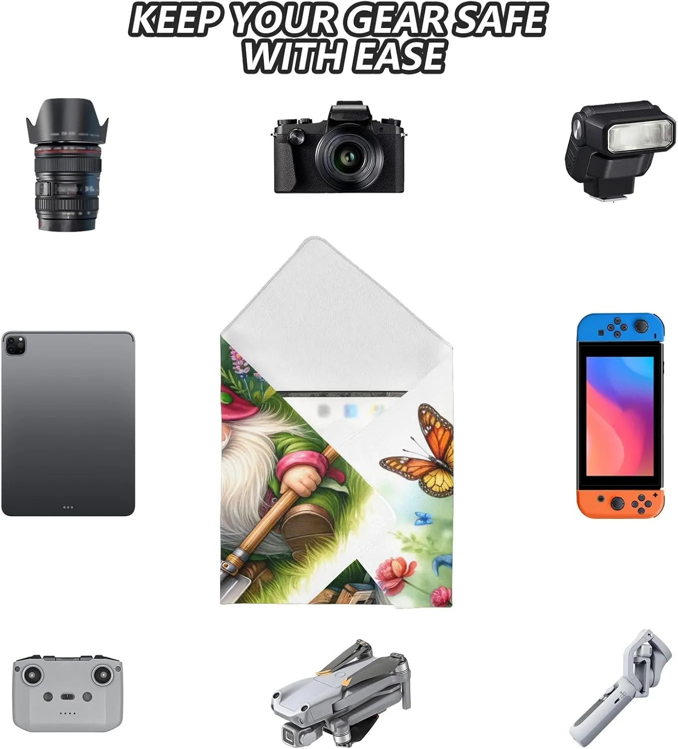 ODAWA Garden Gnome White Self Adhesive Cloth 21.7X21.7 Inch Self-adhesive Cloth Protective Camera Wrapper Lightweight Foldable Wrapper for Camera Accessories