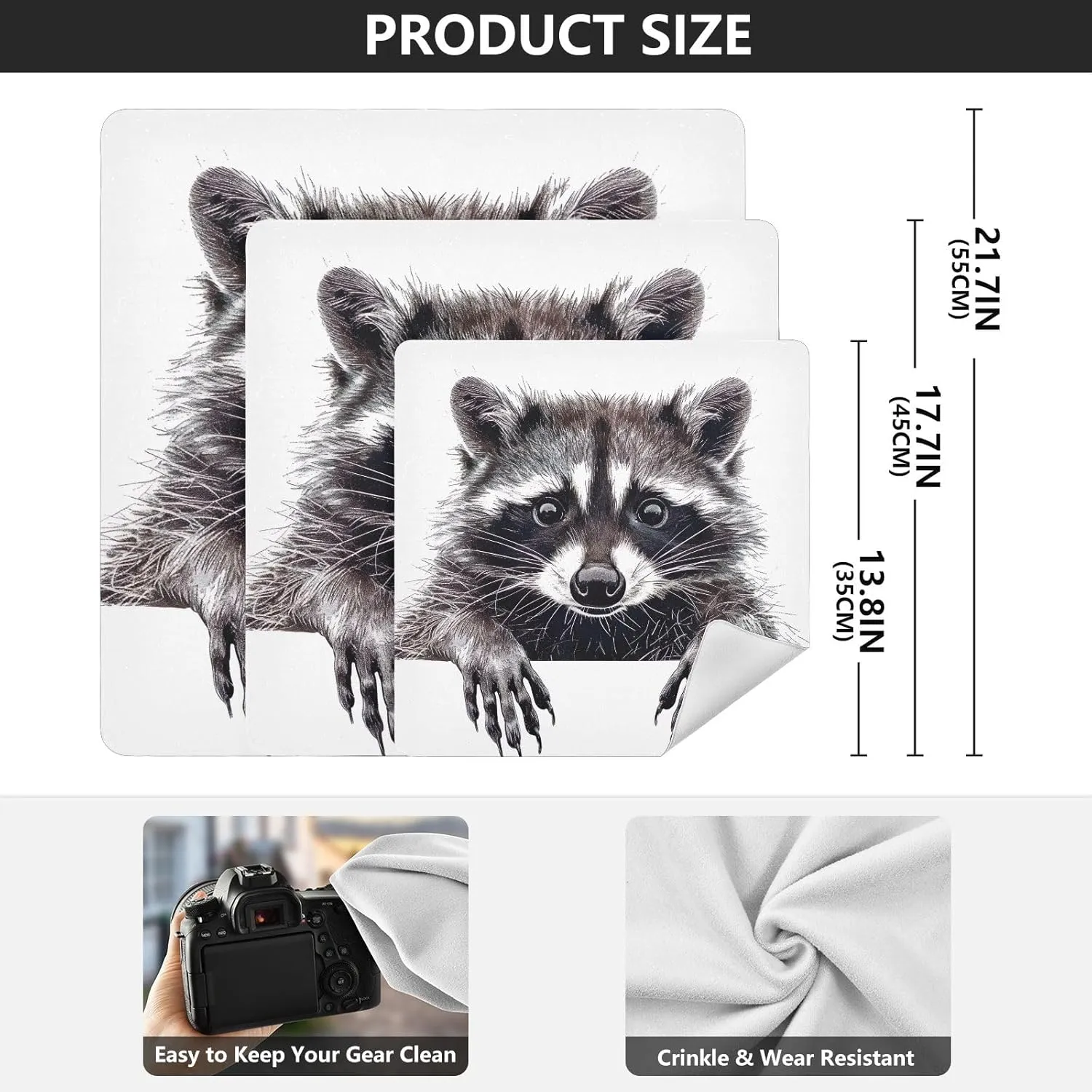 ODAWA Raccoon Black White Print Self Adhesive Cloth 17.7X17.7 Inch Changeable Capacity Cosmetic Bag Wrap Protection for Camera and Lens