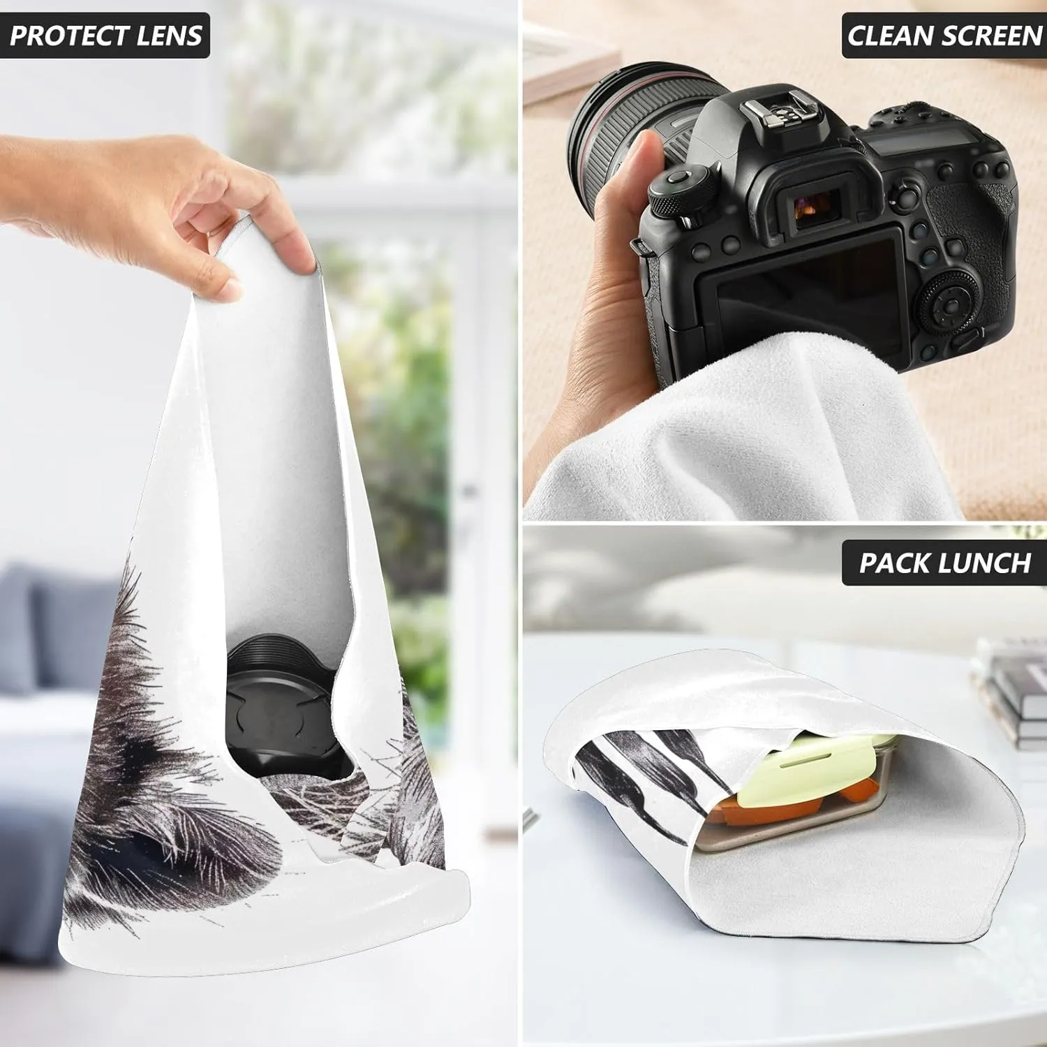 ODAWA Raccoon Black White Print Self Adhesive Cloth 17.7X17.7 Inch Changeable Capacity Cosmetic Bag Wrap Protection for Camera and Lens