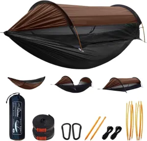 Outdoor Large Hammock with Mosquito Net 2 Person Lightweight Hammocks for Backpacking Backyard Hiking Camping(Brown)