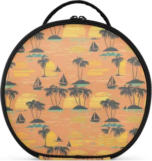 Palm Trees and Boats at Sunset Round Makeup Bag for Women, Travel Cosmetic Organizer Bag with Adjustable Dividers Portable Artist Makeup Bags for Cosmetics Jewelry Accessories