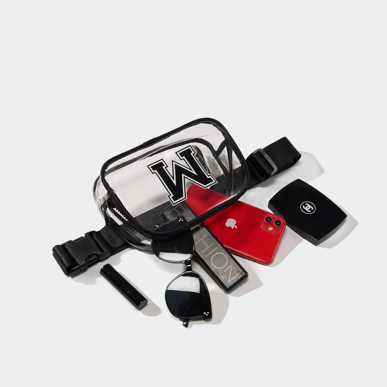 Pander Clear Small Belt Bag with Nylon Fabric Trim - Perfect for Game Day, Ballgame, Stadium Events Essentials - Black/M