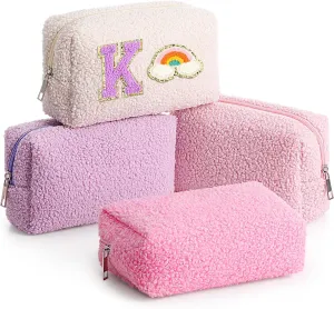 Paterr 4 Pcs Fuzzy Makeup Bag Set Bridesmaid Gift Plush Cosmetic Sherpa Pouch Zipper Travel Toiletry Bag for for Wedding Party Favors Bachelorette Party for Women(Pink Purple Colors)
