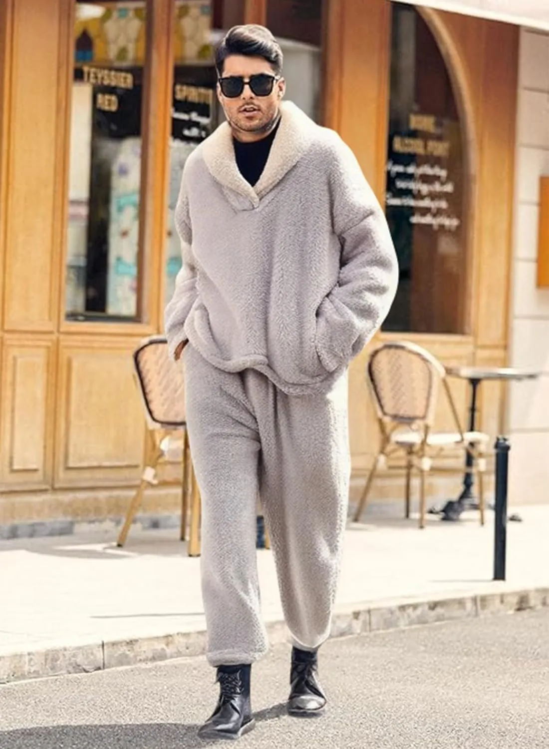 Peaceglad Mens Fluffy Coral Fleece Pajamas Set Pullover Pants Loose Plush Warm Loungewear Sleepwear