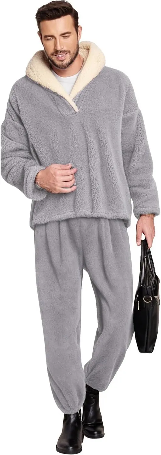 Peaceglad Mens Fluffy Coral Fleece Pajamas Set Pullover Pants Loose Plush Warm Loungewear Sleepwear