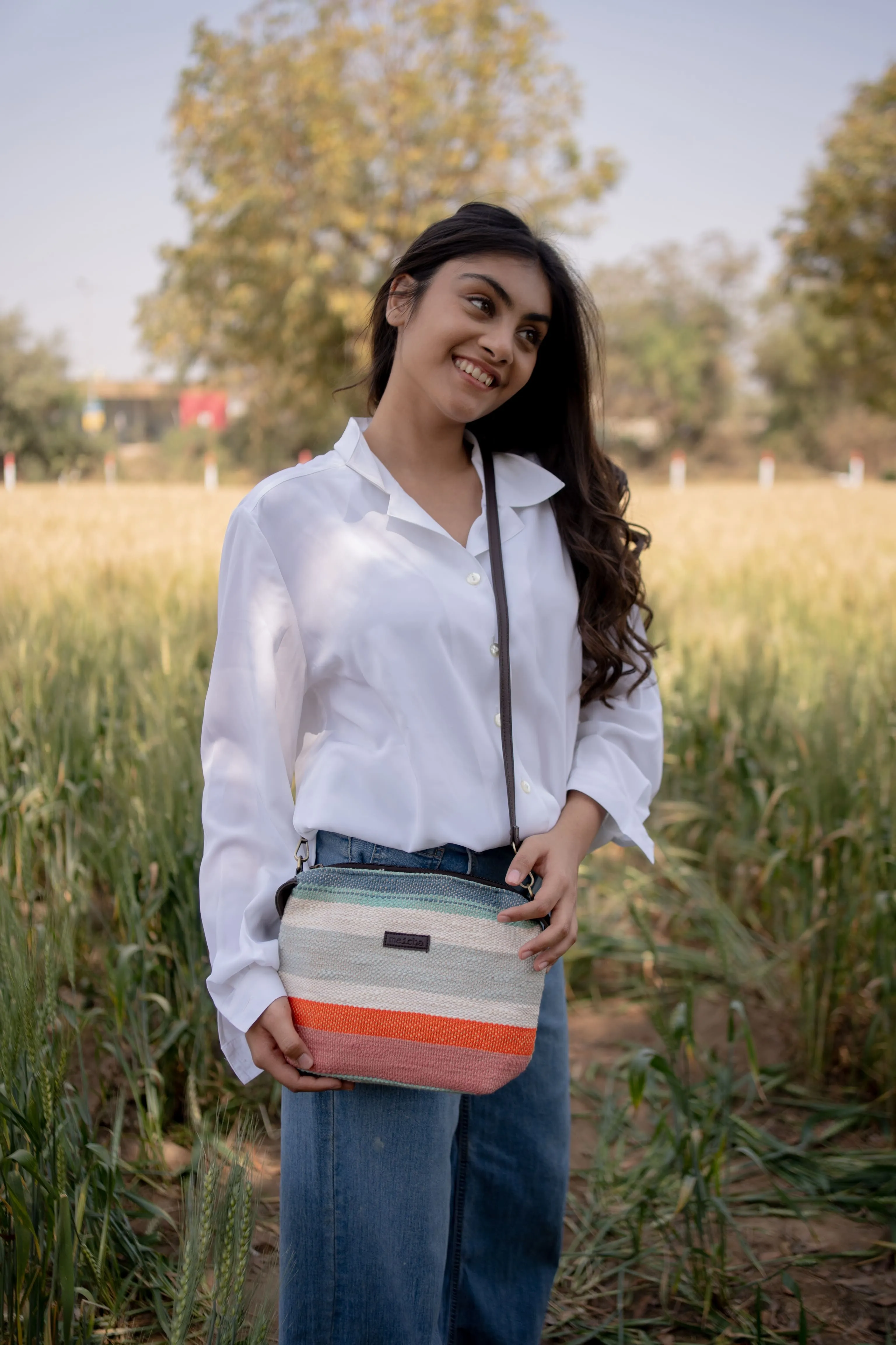 Peach Multicolour Stripes Pouch Cum Sling Bag