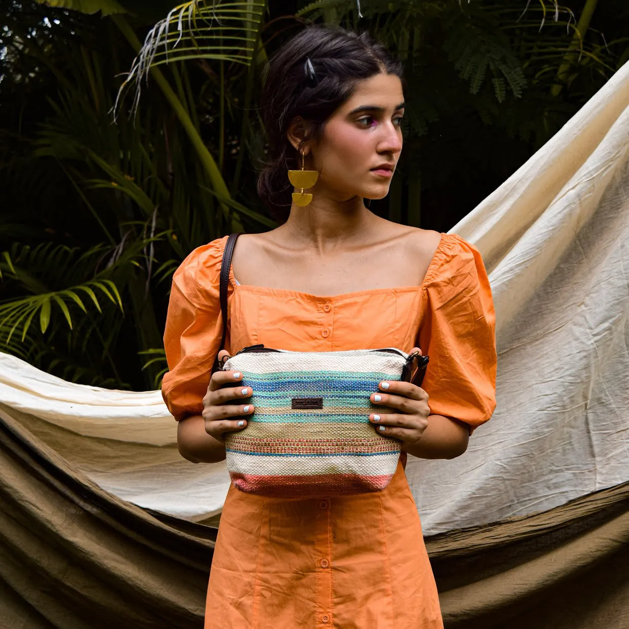 Peach Multicolour Stripes Pouch Cum Sling Bag