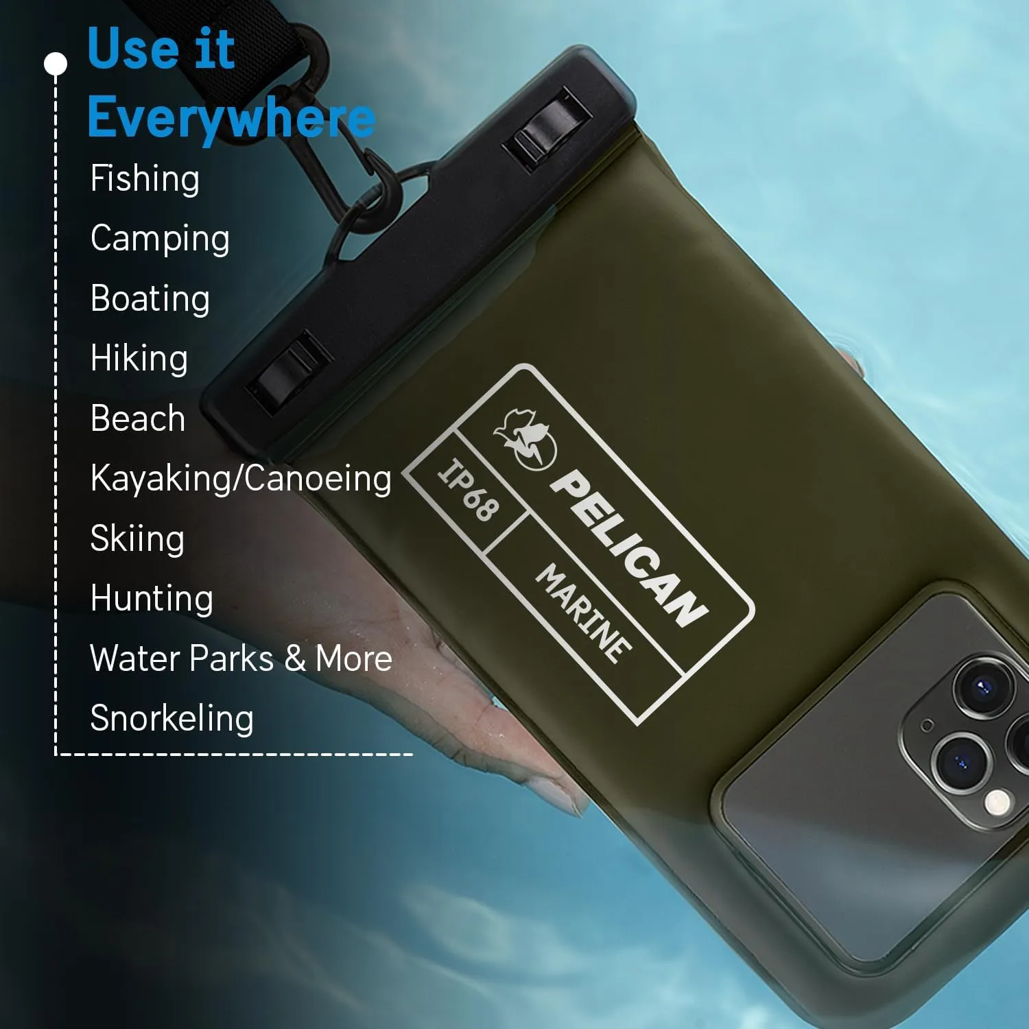 Pelican 2 Pack Marine - IP68 Waterproof Phone Pouch (Regular Size) Floating Waterproof Phone Case - Beach Cruise Ship Travel Essentials - Works with All Phones - Detachable Lanyard - OD Green