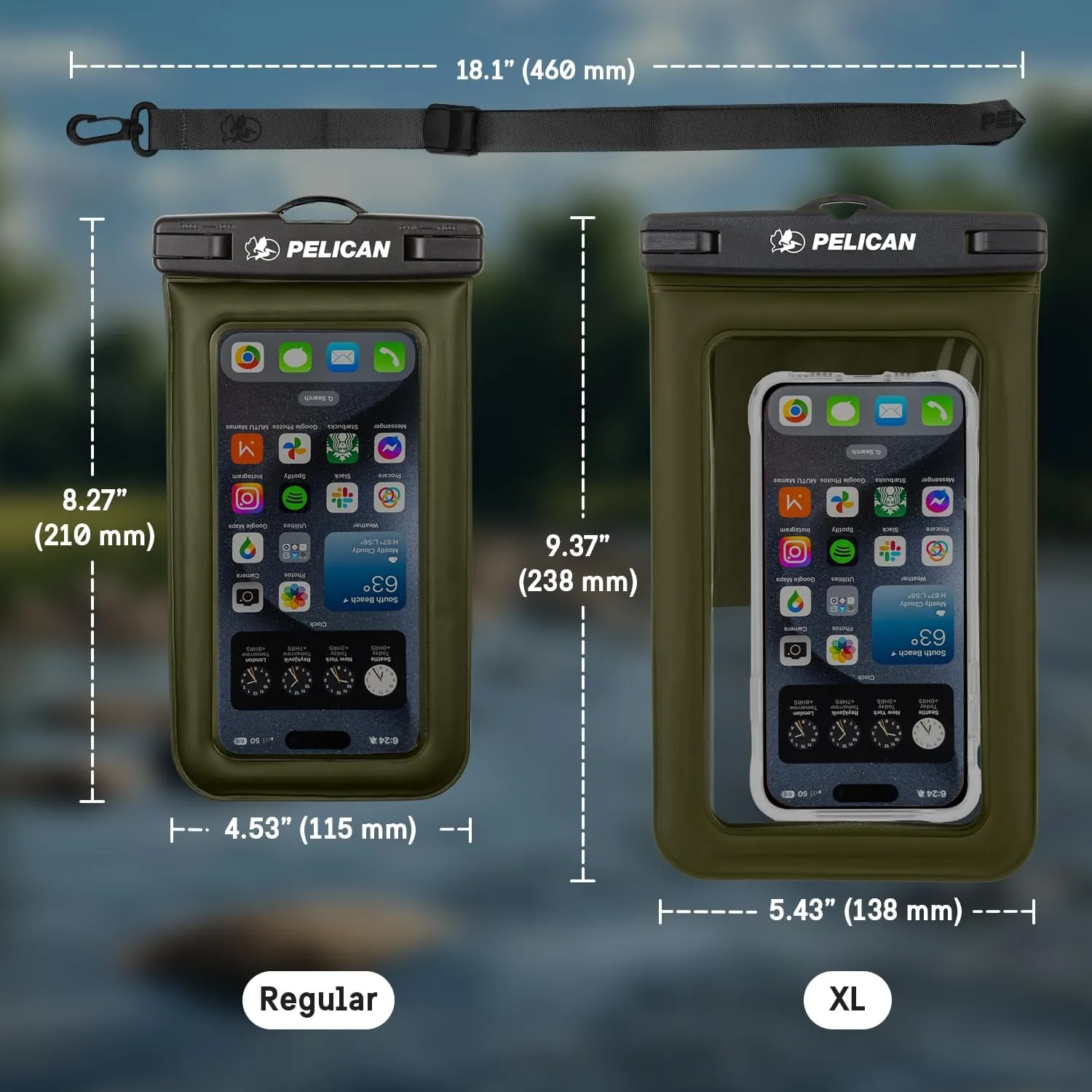 Pelican 2 Pack Marine - IP68 Waterproof Phone Pouch (Regular Size) Floating Waterproof Phone Case - Beach Cruise Ship Travel Essentials - Works with All Phones - Detachable Lanyard - OD Green