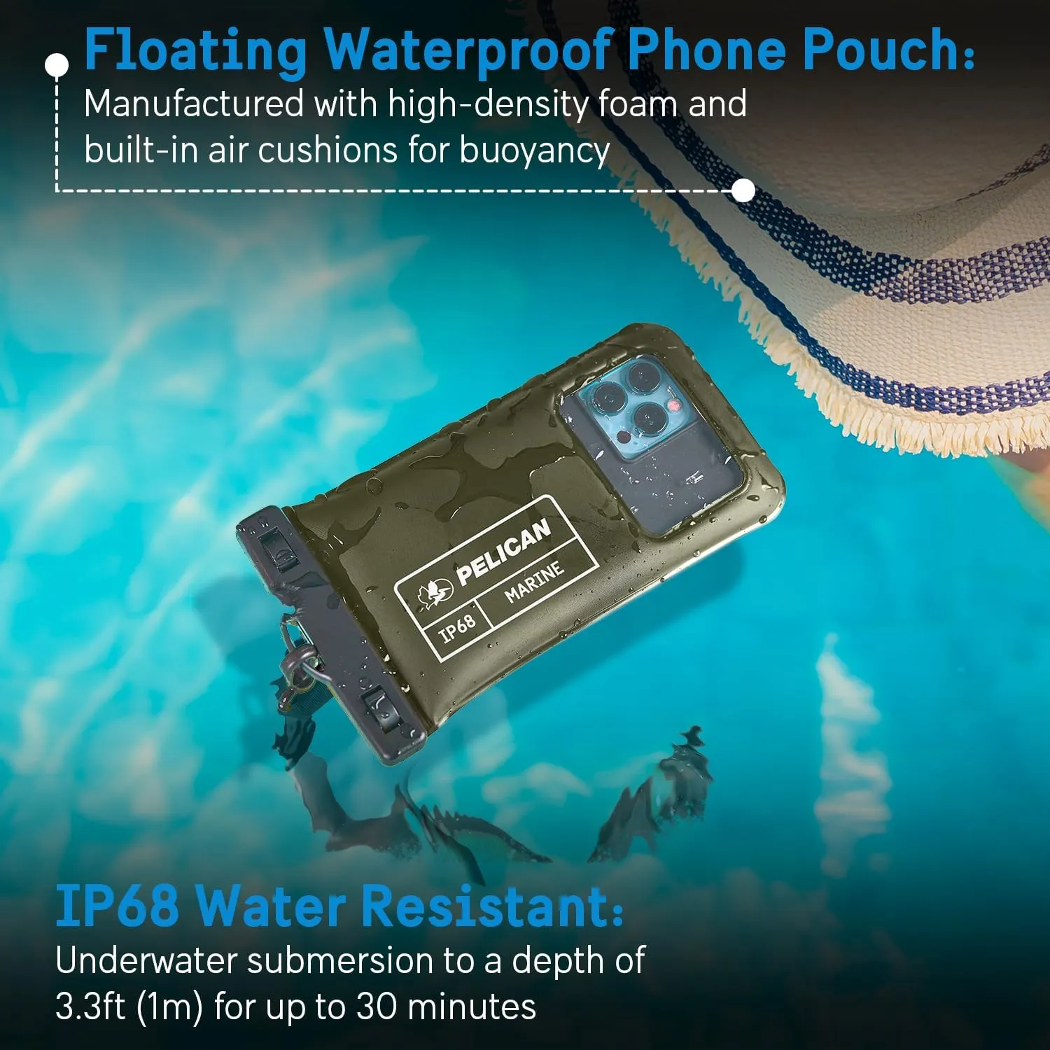 Pelican 2 Pack Marine - IP68 Waterproof Phone Pouch (Regular Size) Floating Waterproof Phone Case - Beach Cruise Ship Travel Essentials - Works with All Phones - Detachable Lanyard - OD Green