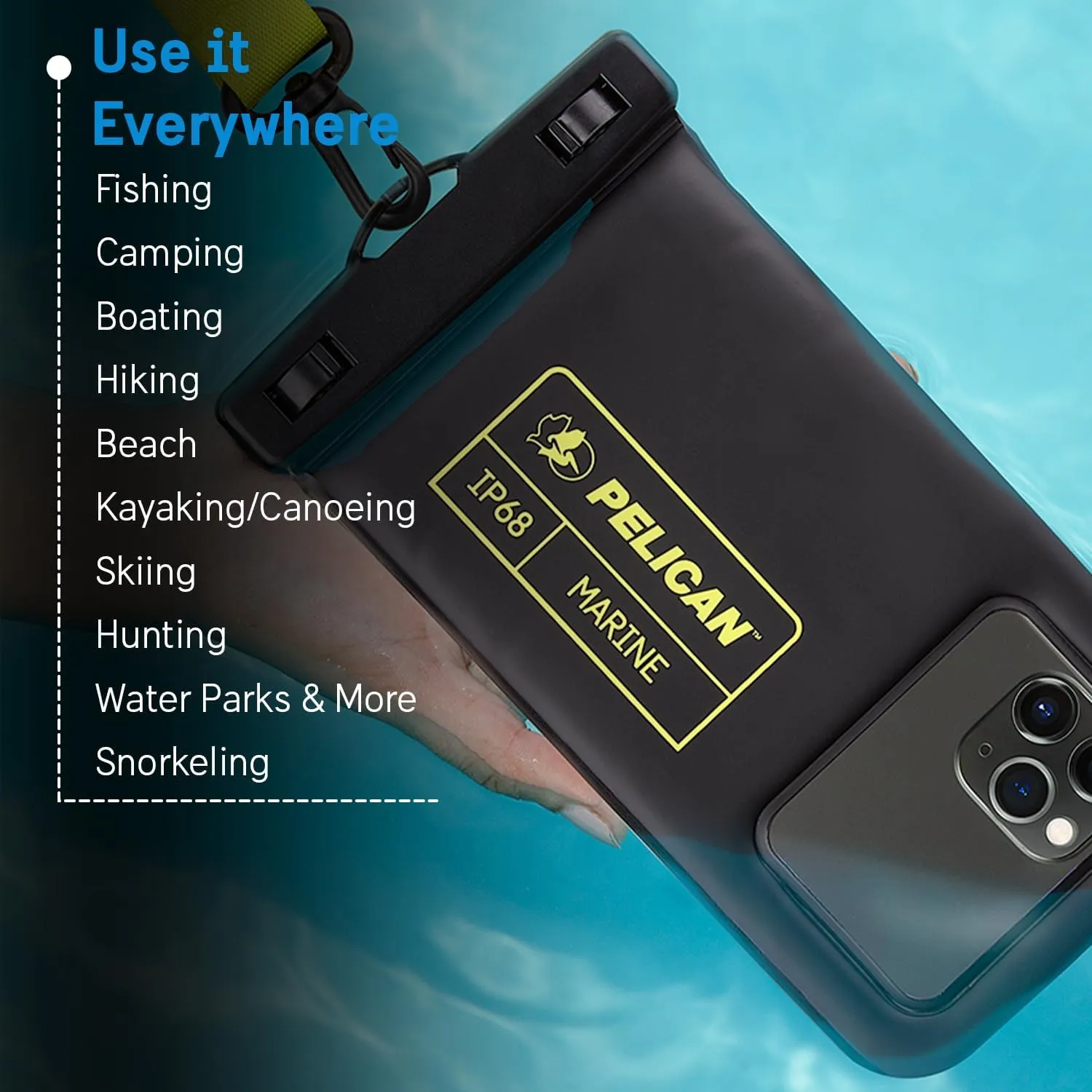 Pelican Marine - IP68 Waterproof Phone Pouch (Regular Size) Floating Waterproof Phone Case - Beach Cruise Ship Travel Essentials - Works with All Phones - Detachable Lanyard - Black/Hi-Vis Yellow