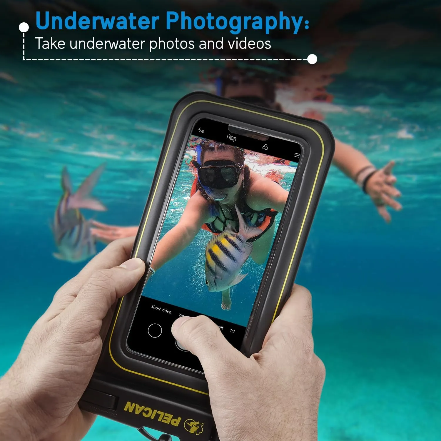 Pelican Marine - IP68 Waterproof Phone Pouch (Regular Size) Floating Waterproof Phone Case - Beach Cruise Ship Travel Essentials - Works with All Phones - Detachable Lanyard - Black/Hi-Vis Yellow