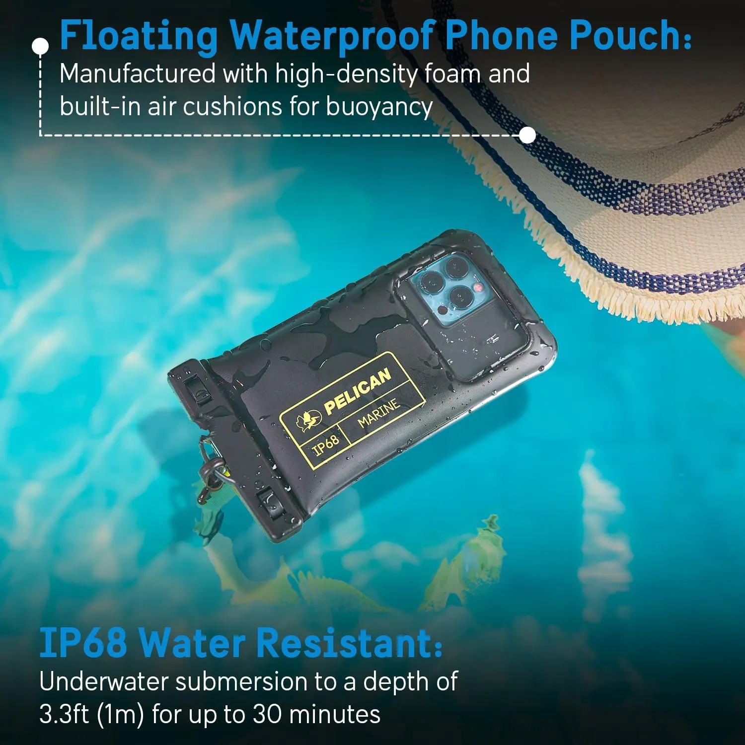 Pelican Marine - IP68 Waterproof Phone Pouch (Regular Size) Floating Waterproof Phone Case - Beach Cruise Ship Travel Essentials - Works with All Phones - Detachable Lanyard - Black/Hi-Vis Yellow