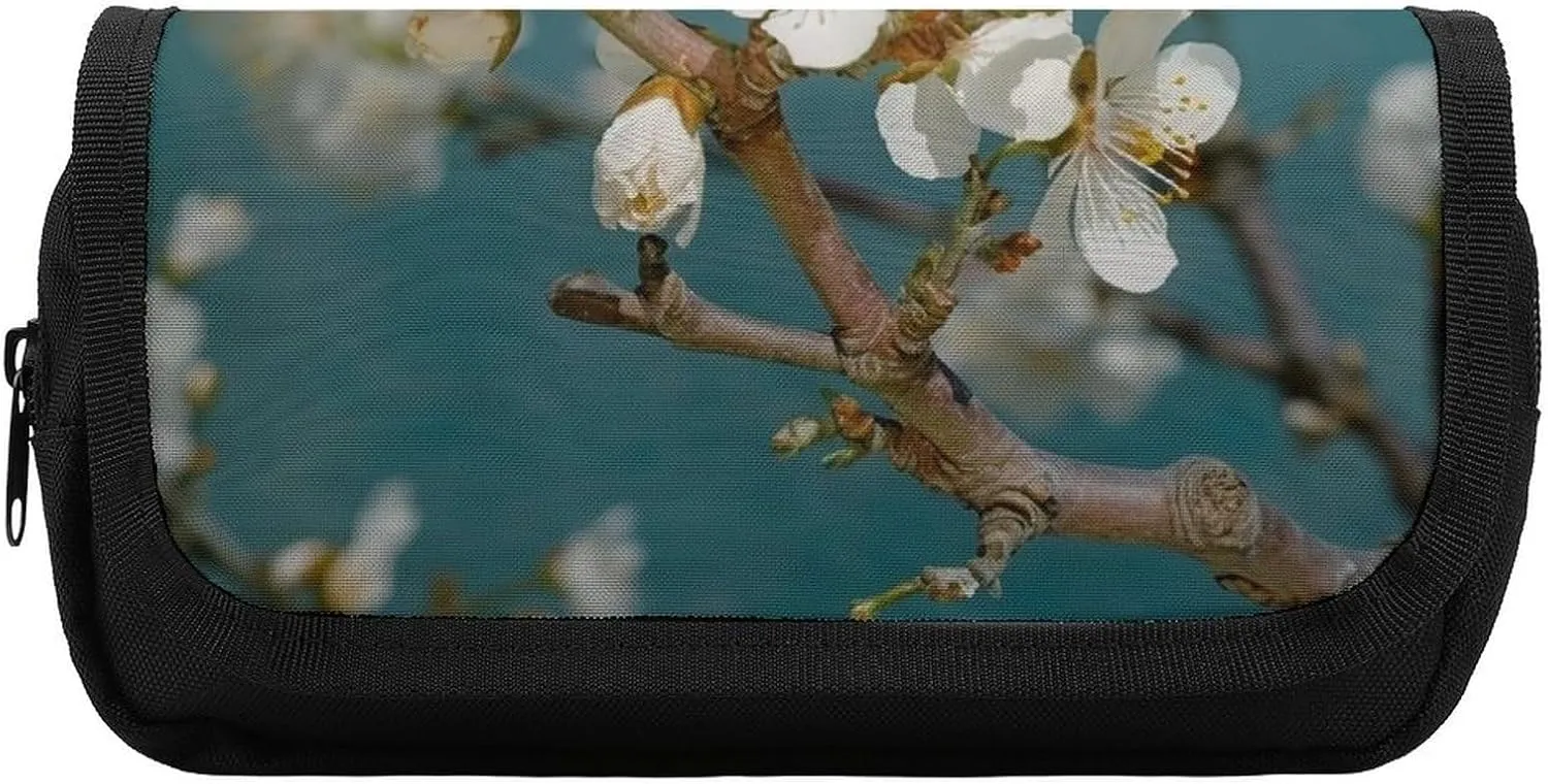 Pencil Case Pale White Flowers Large Capacity Pencil Case Double Zipper Storage Bag 2 Compartments Portable Multifunctional Bag Desk Organizer Marker Pen Case