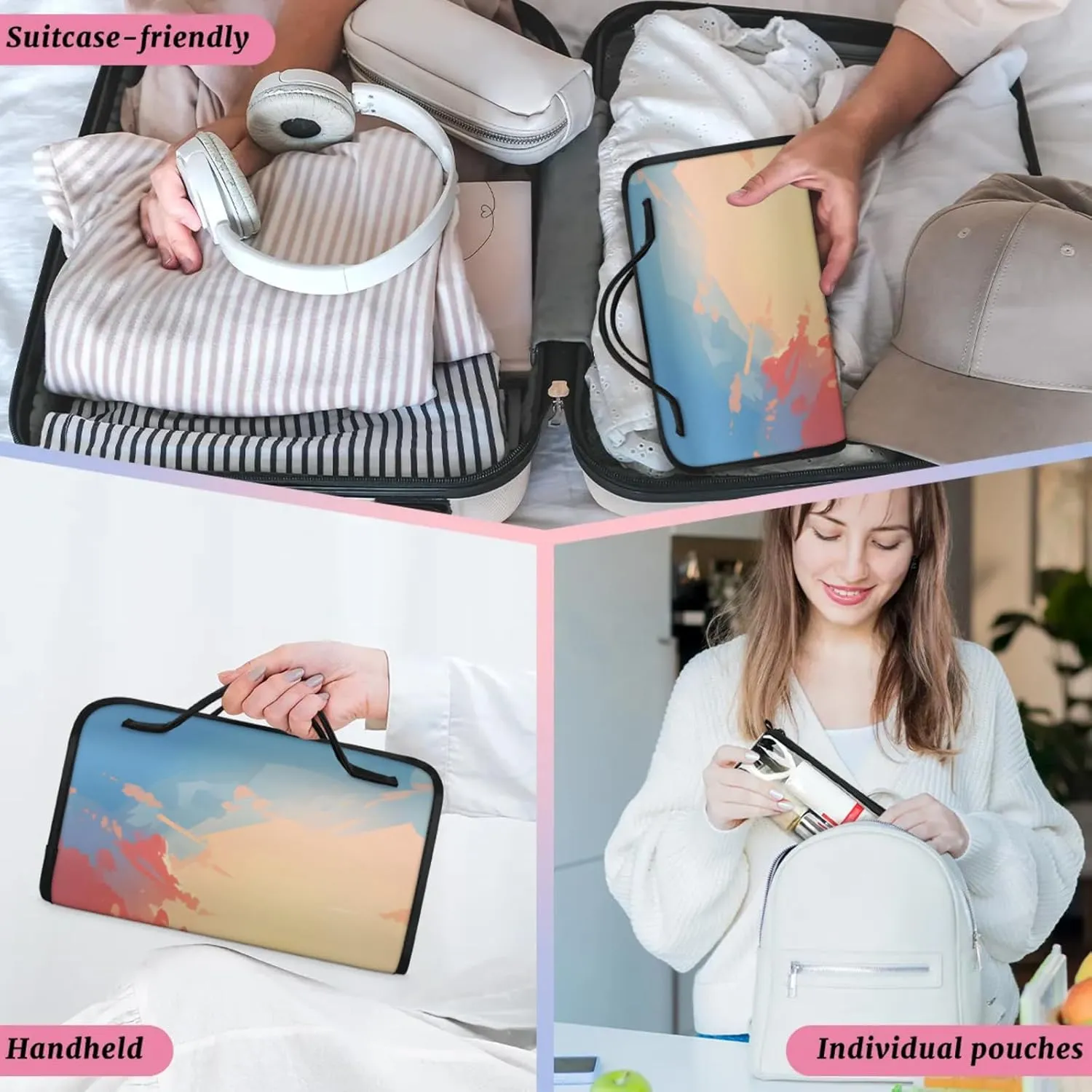 Penguins World Paper Toiletry Bag Water Proof Travel Makeup Case Large Capacity 4 in 1 Foldable Cosmetics Storage for Women Men Removable Zipper Clear PVC Pockets