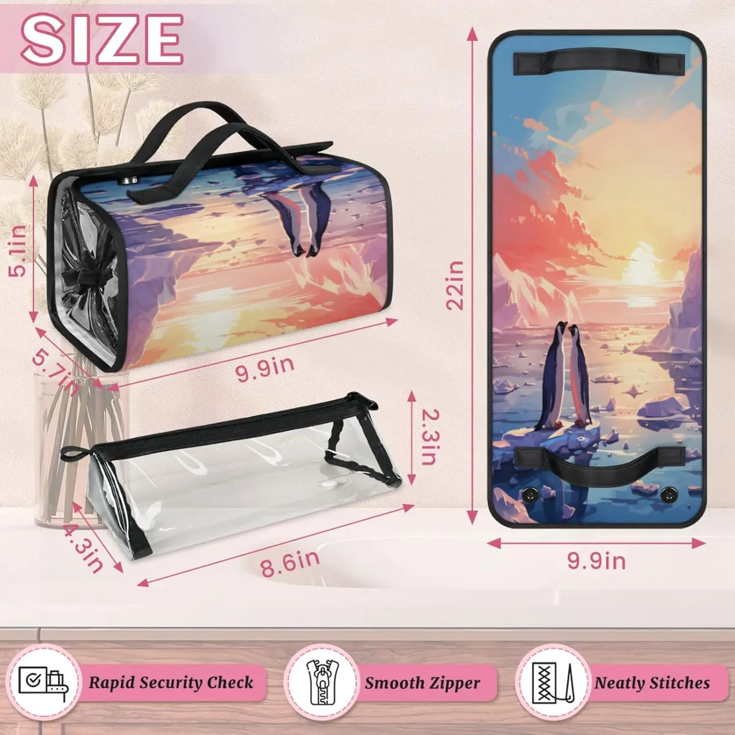 Penguins World Paper Toiletry Bag Water Proof Travel Makeup Case Large Capacity 4 in 1 Foldable Cosmetics Storage for Women Men Removable Zipper Clear PVC Pockets