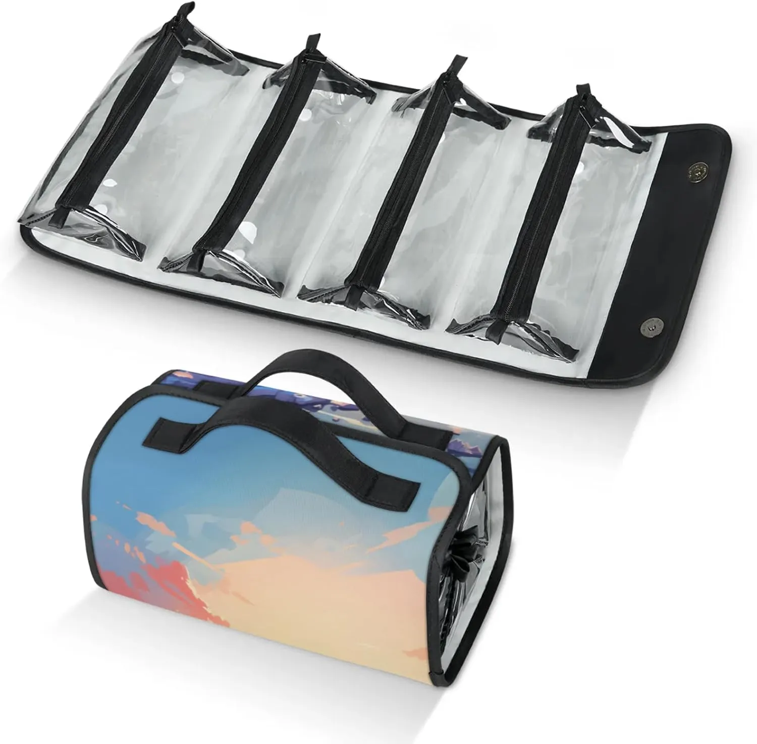 Penguins World Paper Toiletry Bag Water Proof Travel Makeup Case Large Capacity 4 in 1 Foldable Cosmetics Storage for Women Men Removable Zipper Clear PVC Pockets
