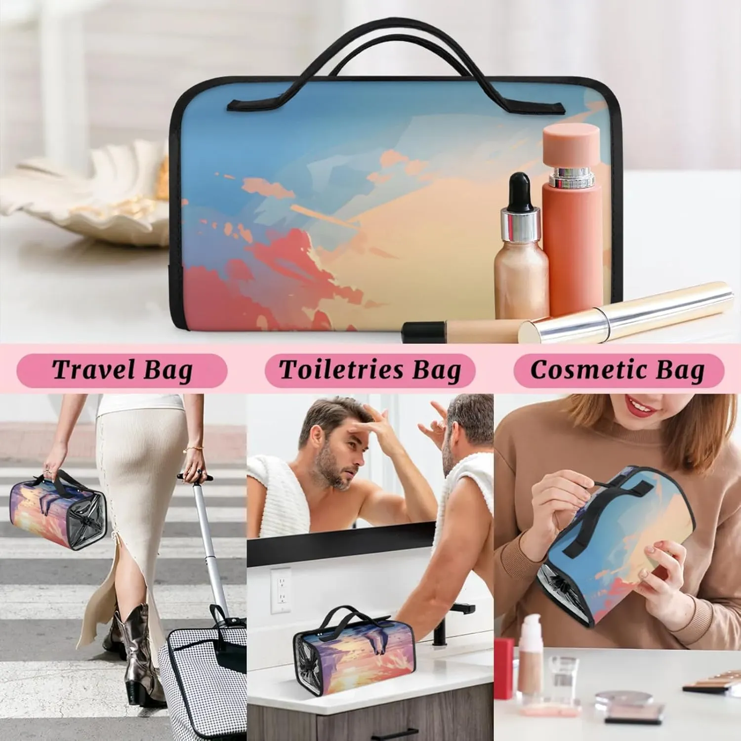 Penguins World Paper Toiletry Bag Water Proof Travel Makeup Case Large Capacity 4 in 1 Foldable Cosmetics Storage for Women Men Removable Zipper Clear PVC Pockets