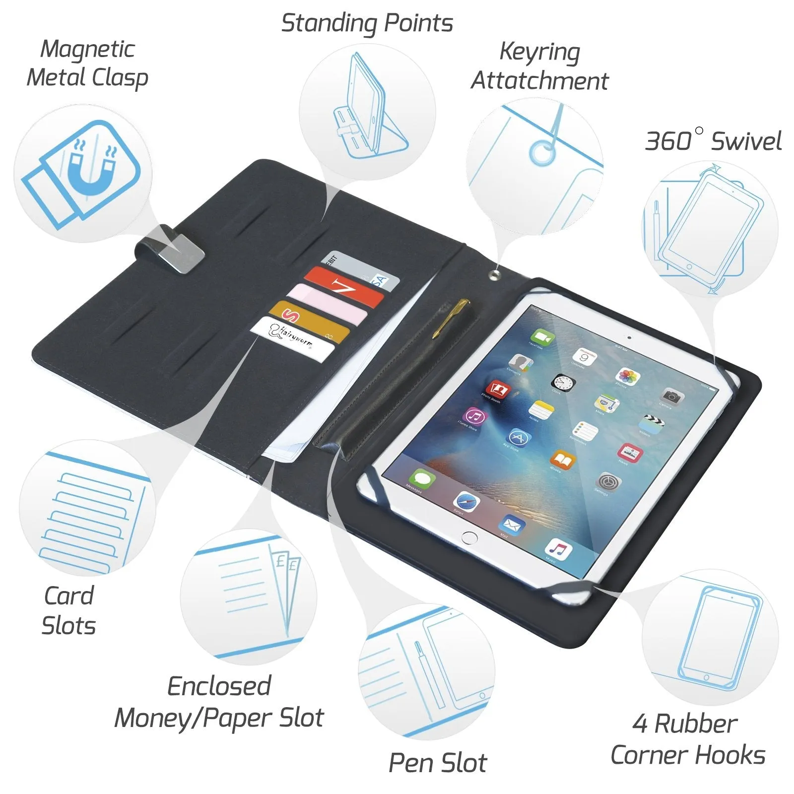 Personalised Vodafone Universal Leather Tablet Case With Blue Strip Marble