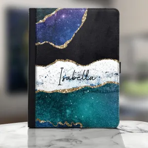 Personalised Vodafone Universal Leather Tablet Case With Blue Strip Marble