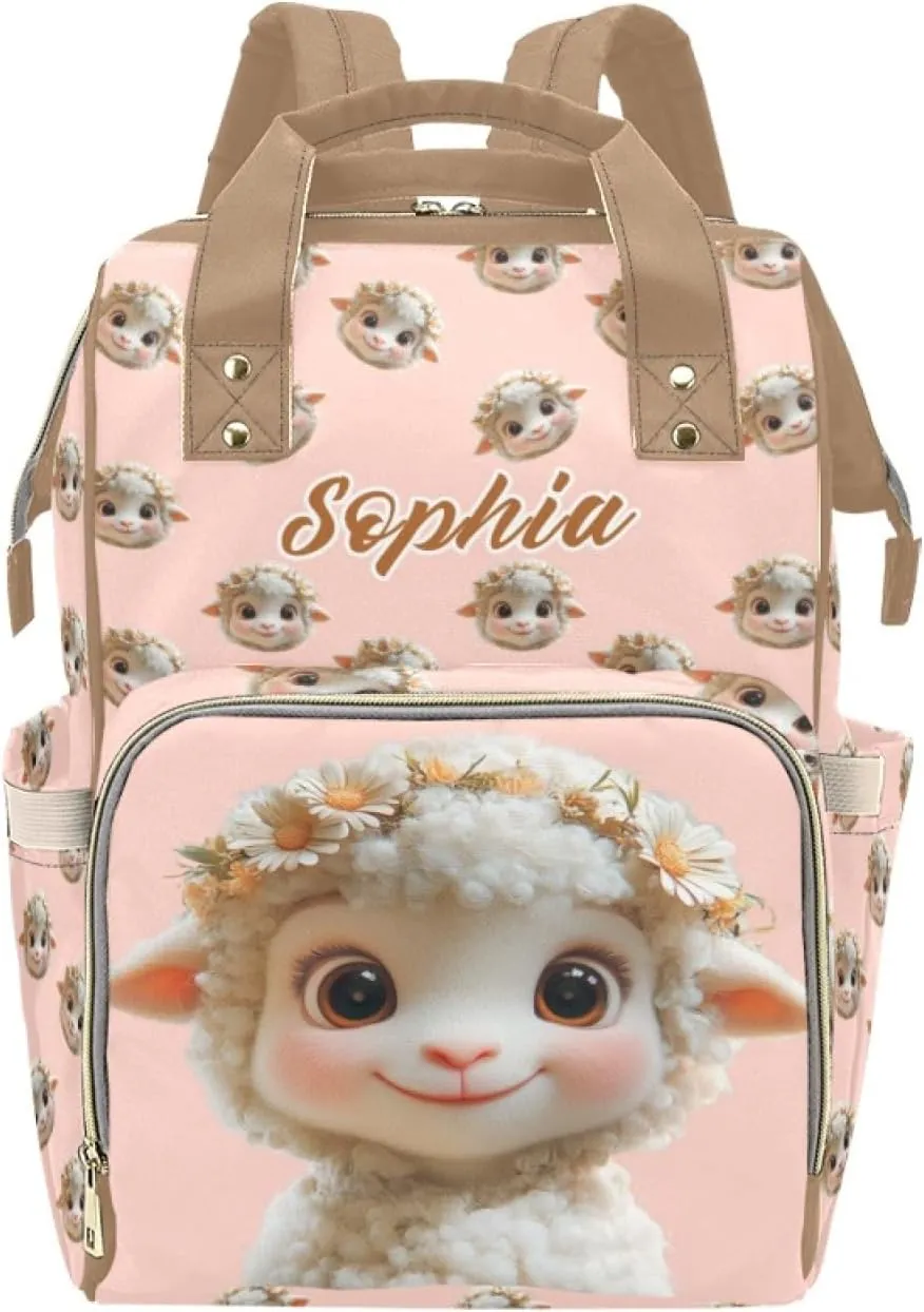 Personalized Baby Diaper Backpack for Moms, Custom Name Baby Bag for Boys and Girls, Large Capacity, Waterproof Multifunctional, Multi-Compartment Mommy Backpack with Pet Sheep Design