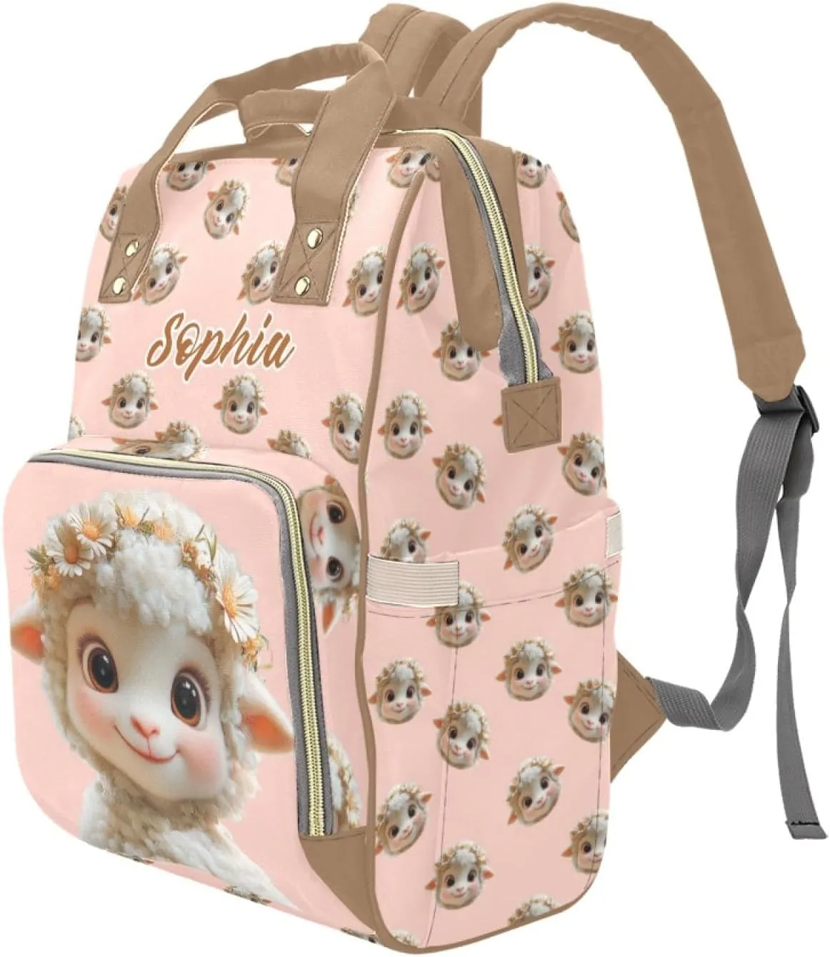 Personalized Baby Diaper Backpack for Moms, Custom Name Baby Bag for Boys and Girls, Large Capacity, Waterproof Multifunctional, Multi-Compartment Mommy Backpack with Pet Sheep Design