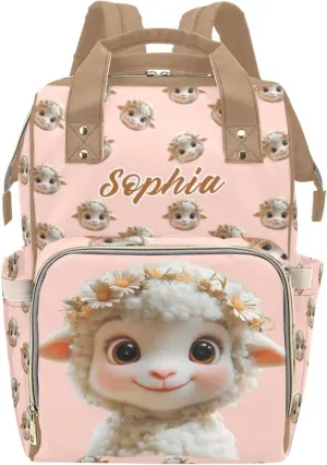Personalized Baby Diaper Backpack for Moms, Custom Name Baby Bag for Boys and Girls, Large Capacity, Waterproof Multifunctional, Multi-Compartment Mommy Backpack with Pet Sheep Design