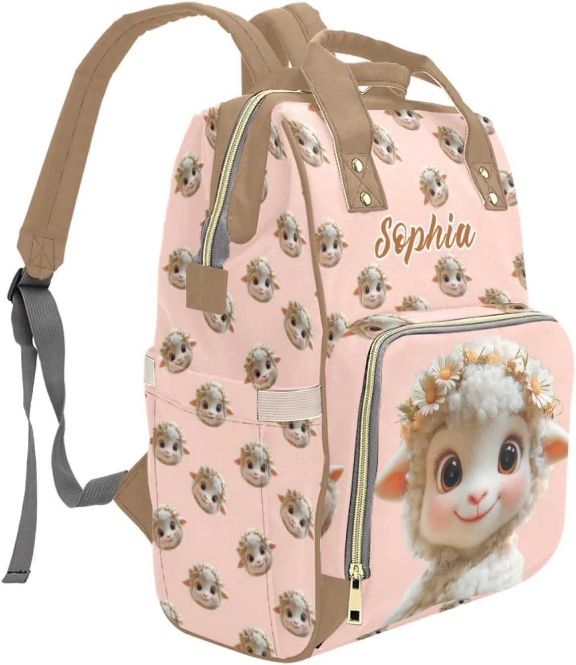 Personalized Baby Diaper Backpack for Moms, Custom Name Baby Bag for Boys and Girls, Large Capacity, Waterproof Multifunctional, Multi-Compartment Mommy Backpack with Pet Sheep Design