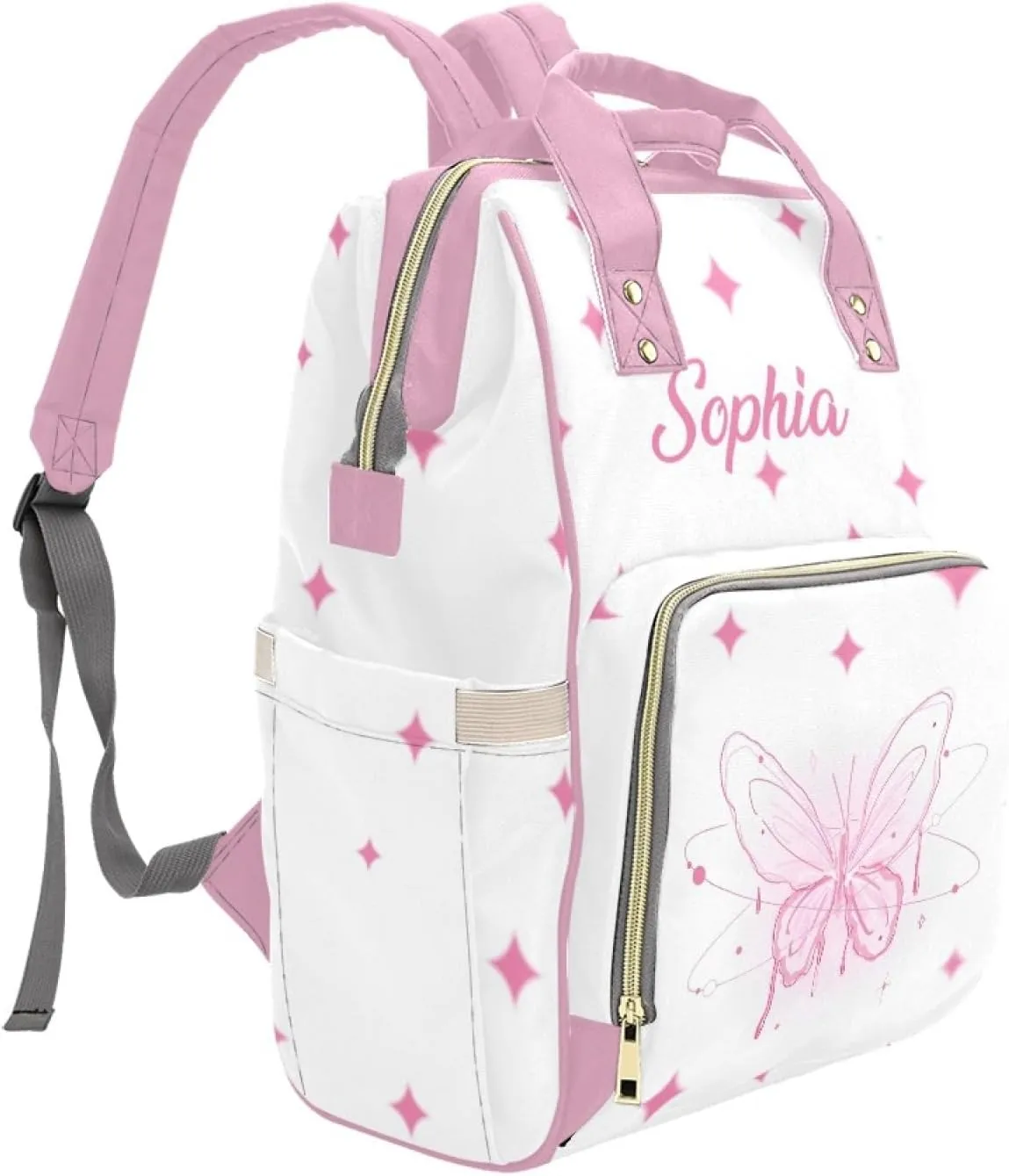Personalized Baby Diaper Bag Backpack for Women, Custom Name Nursing Mommy Daypack, Diaper Bag for Girls Boys, New Mom Gifts (Butterfly Pink)