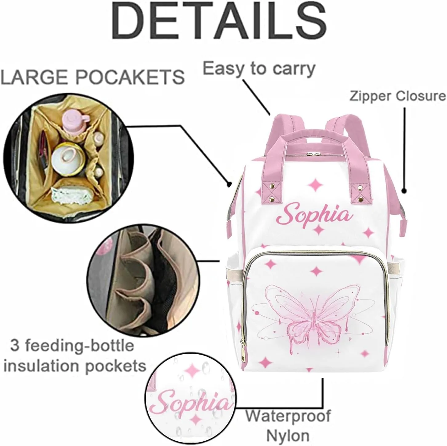 Personalized Baby Diaper Bag Backpack for Women, Custom Name Nursing Mommy Daypack, Diaper Bag for Girls Boys, New Mom Gifts (Butterfly Pink)