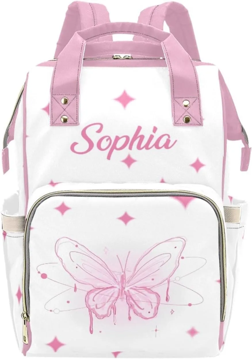 Personalized Baby Diaper Bag Backpack for Women, Custom Name Nursing Mommy Daypack, Diaper Bag for Girls Boys, New Mom Gifts (Butterfly Pink)