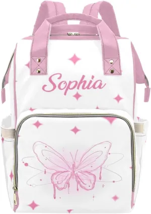 Personalized Baby Diaper Bag Backpack for Women, Custom Name Nursing Mommy Daypack, Diaper Bag for Girls Boys, New Mom Gifts (Butterfly Pink)