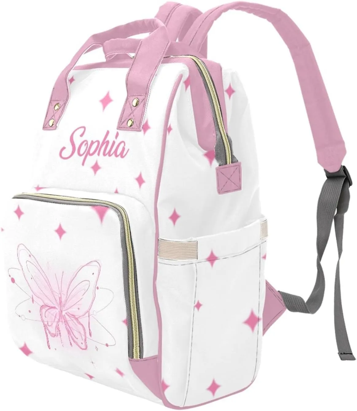 Personalized Baby Diaper Bag Backpack for Women, Custom Name Nursing Mommy Daypack, Diaper Bag for Girls Boys, New Mom Gifts (Butterfly Pink)