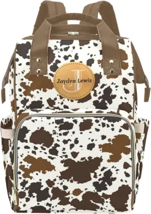 Personalized Baby Diaper Bag Backpack for Women, Custom Name Nursing Mommy Daypack, Diaper Bag for Girls Boys, New Mom Gifts (Cow Markings)