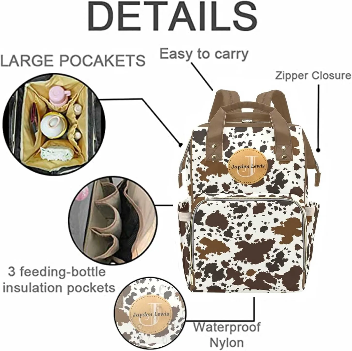 Personalized Baby Diaper Bag Backpack for Women, Custom Name Nursing Mommy Daypack, Diaper Bag for Girls Boys, New Mom Gifts (Cow Markings)