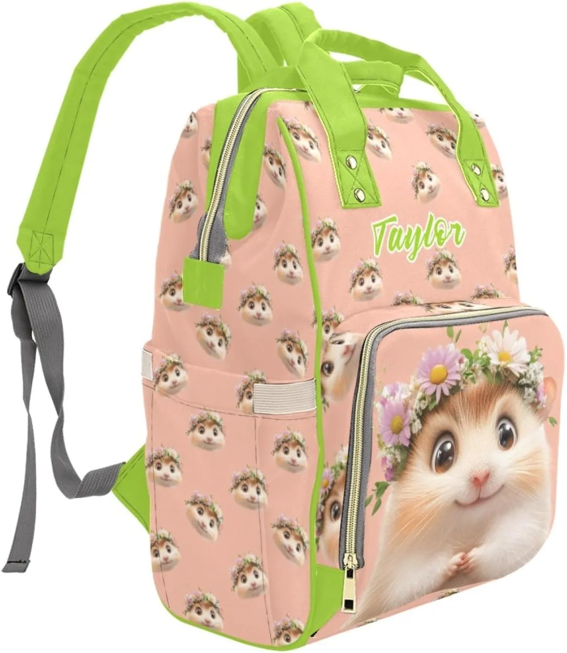 Personalized Custom Name Mommy Backpack, Waterproof Diaper Bag, Large Capacity Multifunctional, Hamster and Guinea Pig Design, Comfortable Stylish Baby Backpack for Moms