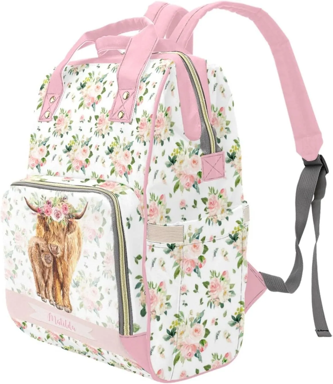 Personalized Cute Cow Diaper Bag for Women, Custom Name Nursing Mommy Daypack, Diaper Bag for Baby Boy Girl, New Mom Gifts