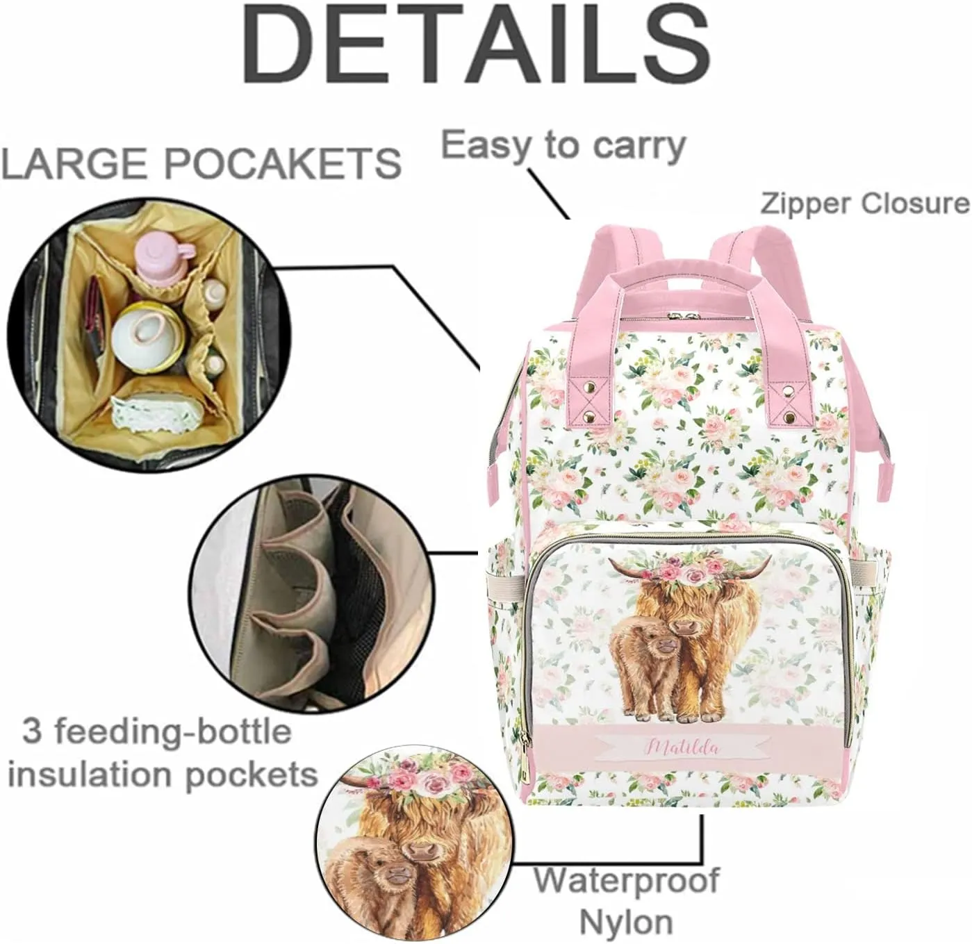 Personalized Cute Cow Diaper Bag for Women, Custom Name Nursing Mommy Daypack, Diaper Bag for Baby Boy Girl, New Mom Gifts