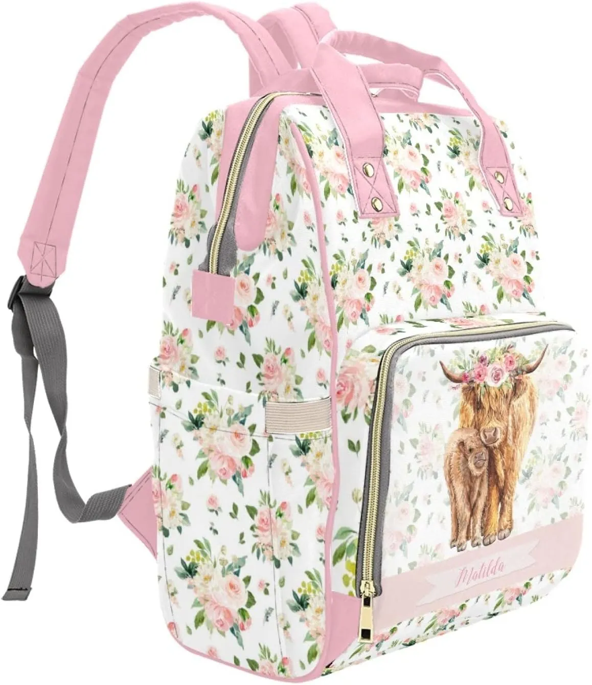 Personalized Cute Cow Diaper Bag for Women, Custom Name Nursing Mommy Daypack, Diaper Bag for Baby Boy Girl, New Mom Gifts